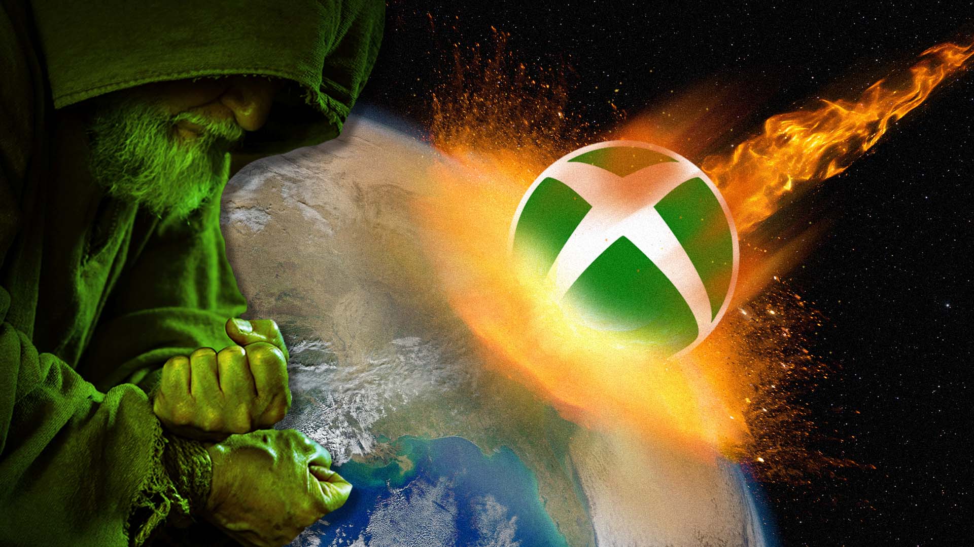 One image shows a monk praying as a large Xbox logo crashes into Earth. 